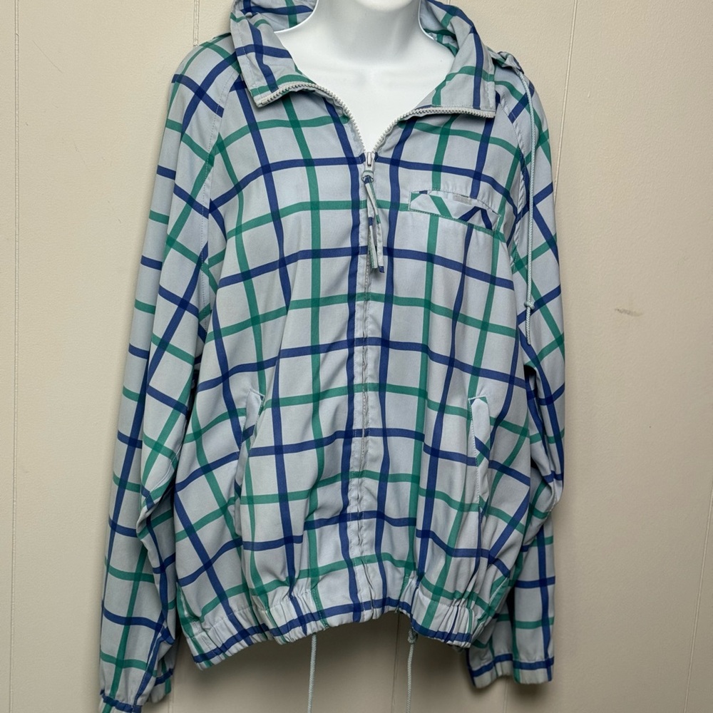 Liz Golf Women’s Teal/Navy on Grey Plaid Full Zip Hood Elastic Hem/Sleeve Size M